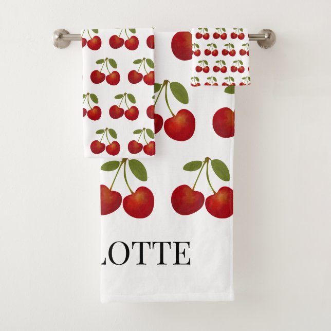Red Cherries Fruit Personalised Name Bath Towel Set (Insitu)