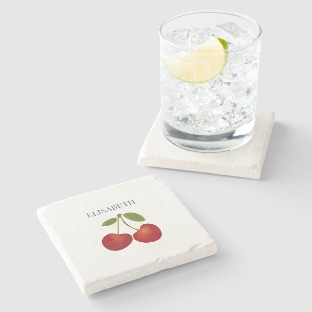 Red Cherries Fruit Personalised Name Stone Coaster (Side)