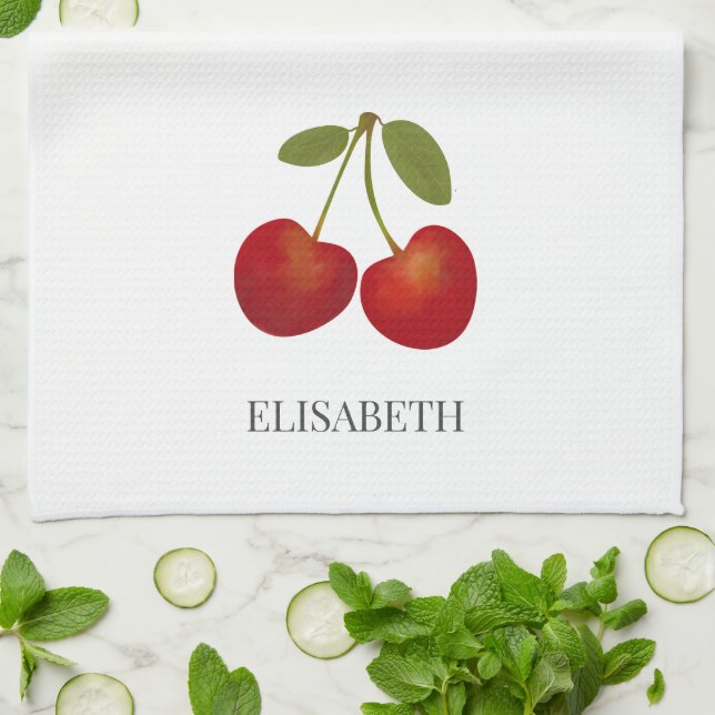 Red Cherries Fruit Personalised Name Tea Towel (Folded)