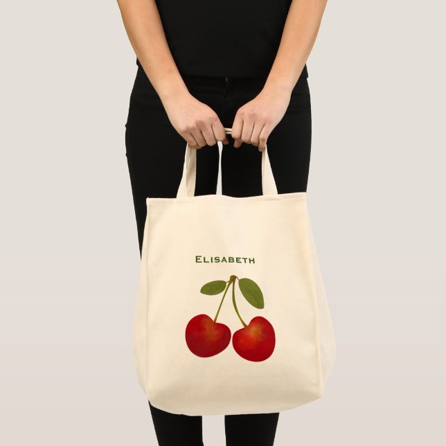Red cherries fruit personalize name tote bag (Front (Product))