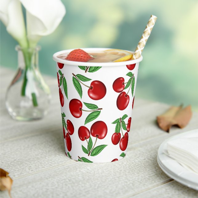 Red Cherries Graphic All Over Pattern Paper Cups (Insitu)