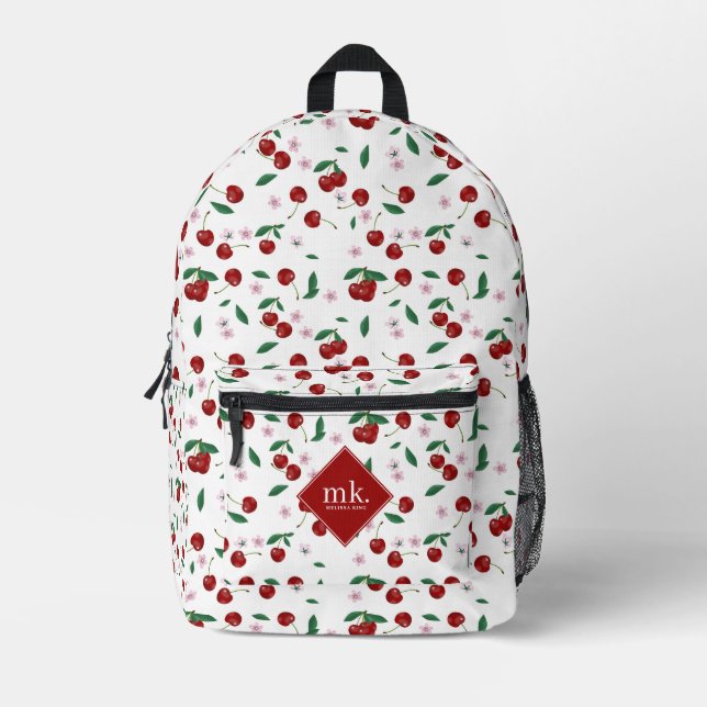 Red Cherries Greenery & Cherry Blossoms Monogram Printed Backpack (Front)