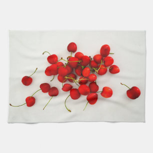 Red Cherries in Natural Light Lay on White Tea Towel