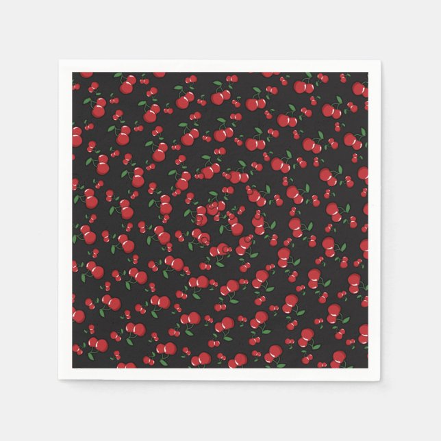 Red Cherries on Black Cute Fruit Birthday Party Napkin (Front)