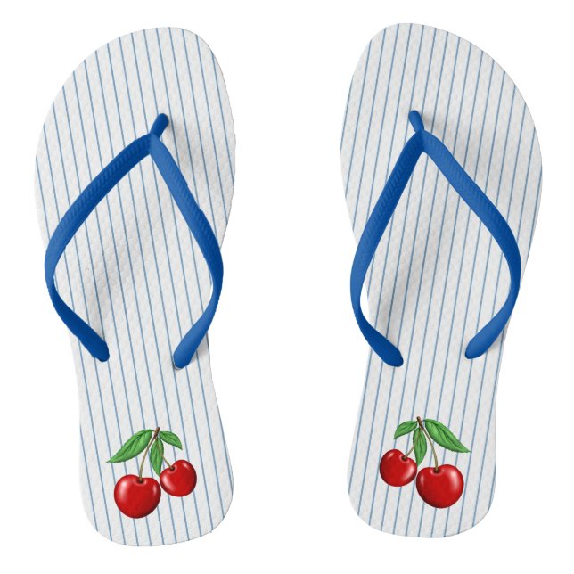 Red Cherries on Blue Stripes Graphic Pattern Jandals (Footbed)
