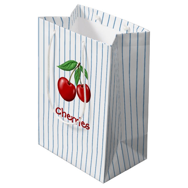 Red Cherries on Blue Stripes Graphic Pattern Medium Gift Bag (Back Angled)