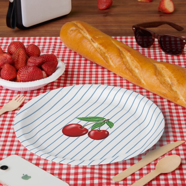 Red Cherries on Blue Stripes Graphic Pattern Paper Plate (Picnic)