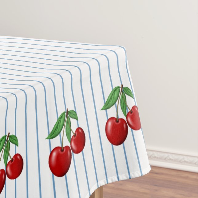 Red Cherries on Blue Stripes Graphic Pattern Tablecloth (In Situ)