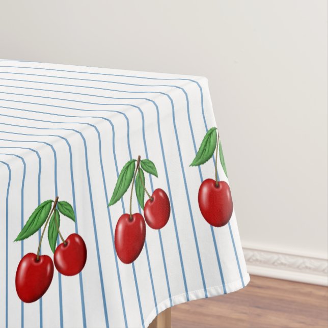 Red Cherries on Blue Stripes Graphic Pattern Tablecloth (In Situ)