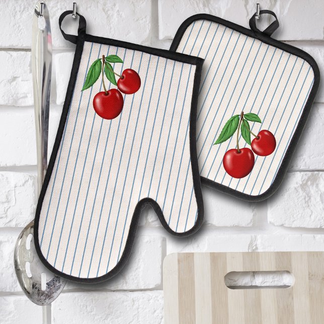 Red Cherries on Blue Stripes  Oven Mitt & Pot Holder Set (Retro Cherry style cute kitchen potholder and oven mitt
)