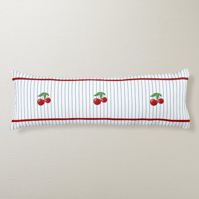 Red Cherries on Blue Stripes Pattern Body Cushion (Front)