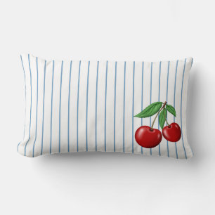 Red Cherries on Blue Stripes Pattern Lumbar Cushion