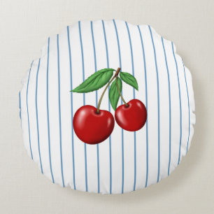 Red Cherries on Blue Stripes Pattern Round Cushion