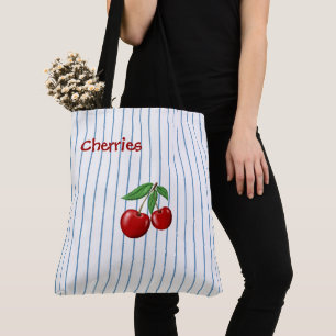 Red Cherries on Blue Stripes Personalised Tote Bag