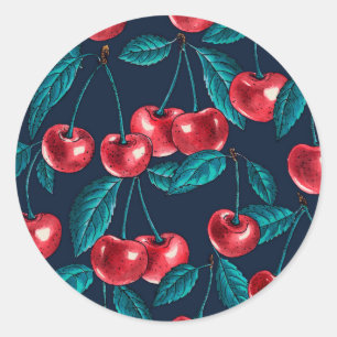 Red cherries on dark blue classic round sticker
