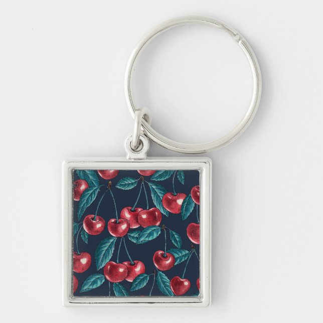 Red cherries on dark blue key ring (Front)