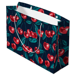 Red cherries on dark blue large gift bag