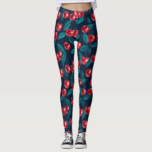Red cherries on dark blue leggings (Front)