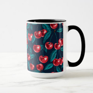 Red cherries on dark blue mug