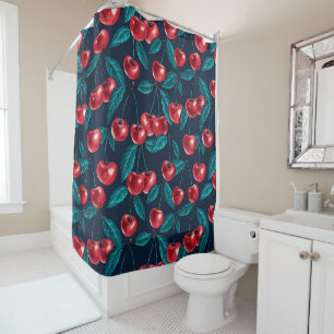 Red cherries on dark blue shower curtain