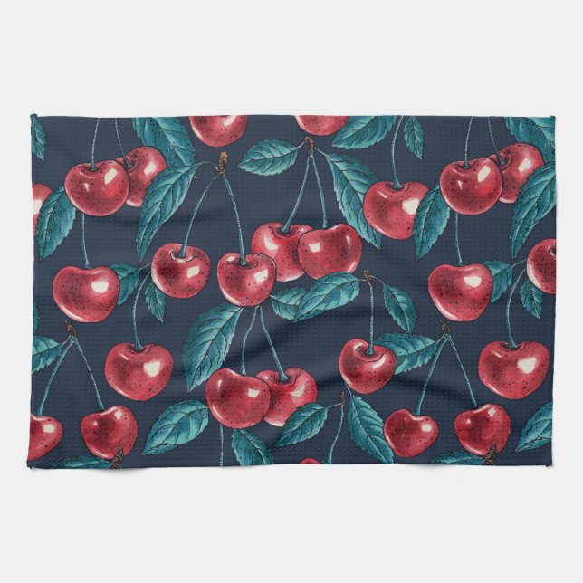 Red cherries on dark blue tea towel (Horizontal)