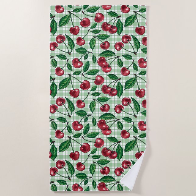 Red cherries on light green gingham beach towel (Front)