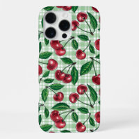 Red cherries on light green gingham