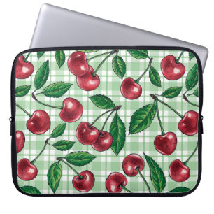 Red cherries on light green gingham laptop sleeve