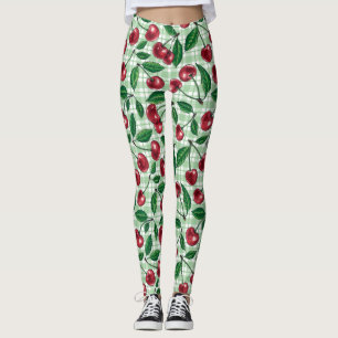 Red cherries on light green gingham leggings