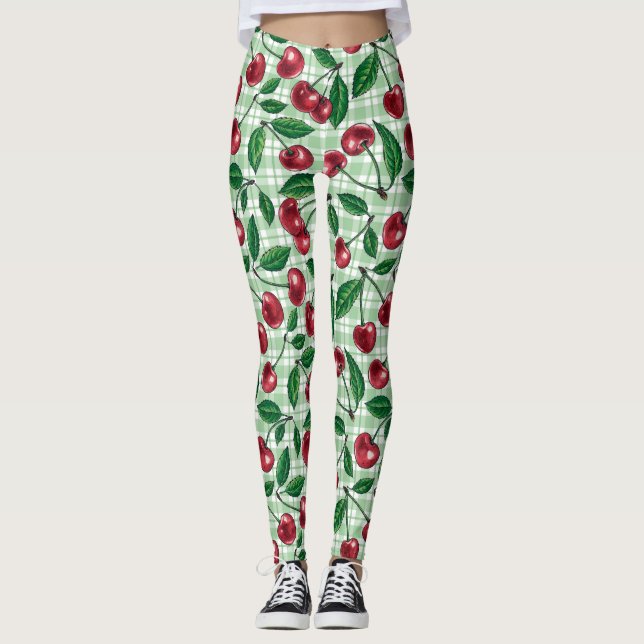 Red cherries on light green gingham leggings (Front)