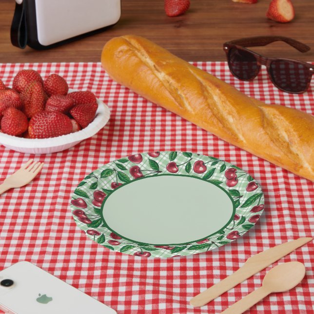 Red cherries on light green gingham paper plate (Picnic)