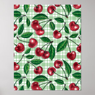 Red cherries on light green gingham poster