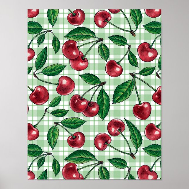 Red cherries on light green gingham poster (Front)