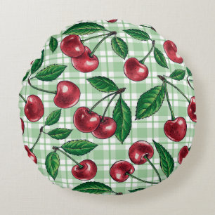 Red cherries on light green gingham round cushion