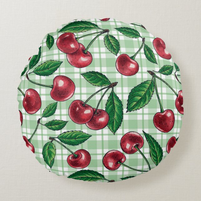 Red cherries on light green gingham round cushion (Front)