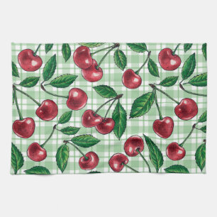 Red cherries on light green gingham tea towel