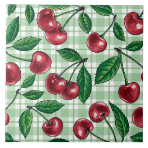 Red cherries on light green gingham tile