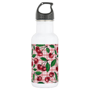 Red cherries on pink gingham 532 ml water bottle