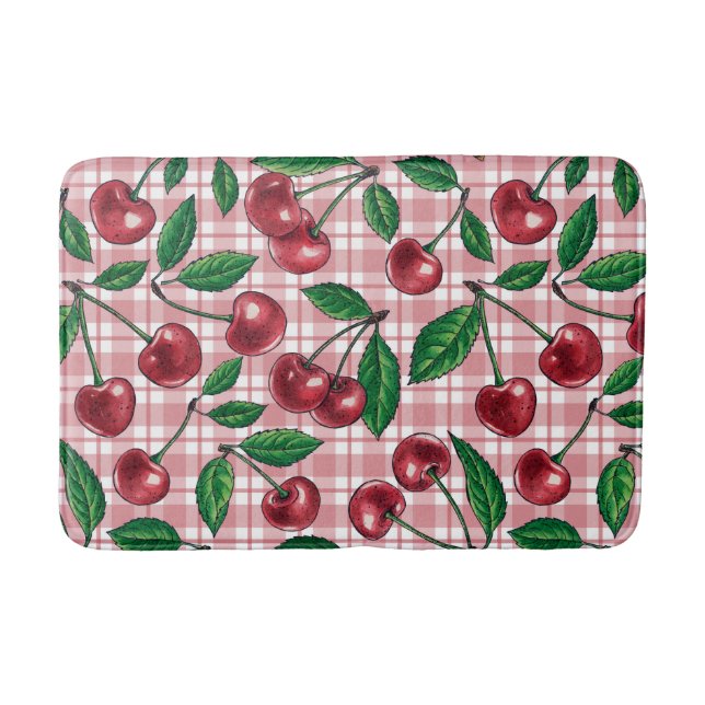 Red cherries on pink gingham bath mat (Front)