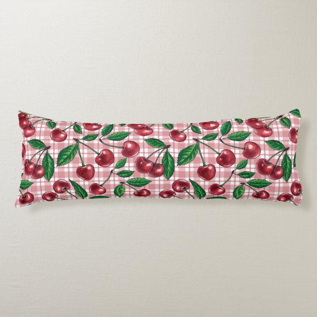 Red cherries on pink gingham body cushion (Front)