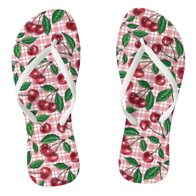 Red cherries on pink gingham jandals (Footbed)