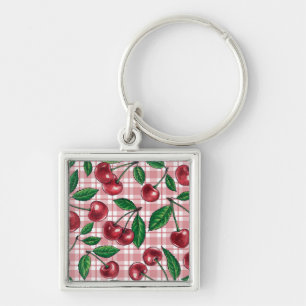 Red cherries on pink gingham key ring