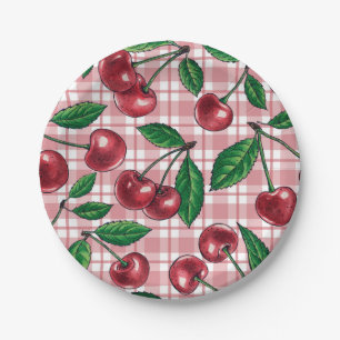Red cherries on pink gingham paper plate