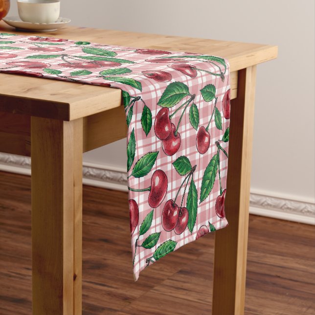 Red cherries on pink gingham short table runner (In Situ)