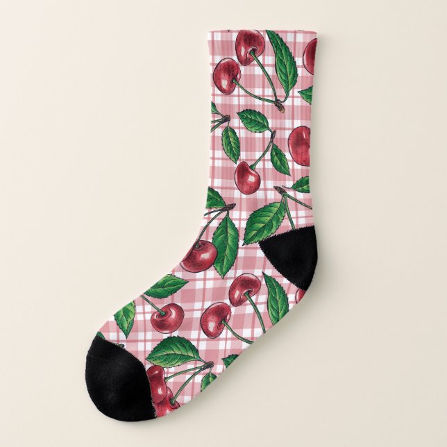 Red cherries on pink gingham socks (Left Outside)