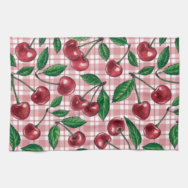 Red cherries on pink gingham tea towel (Horizontal)