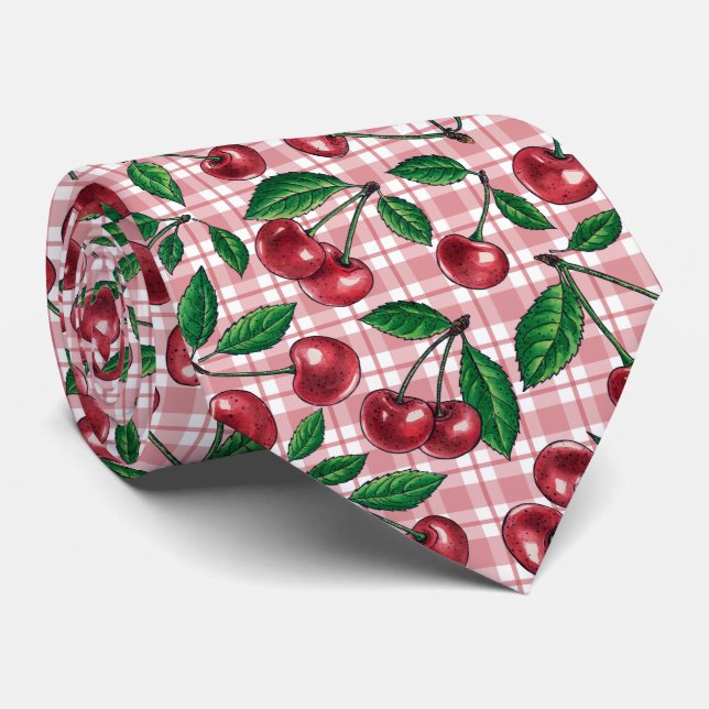Red cherries on pink gingham tie (Rolled)