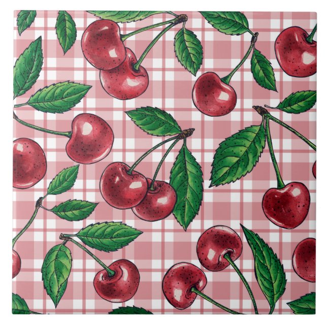Red cherries on pink gingham tile (Front)