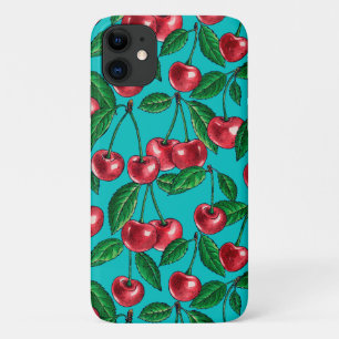 Red cherries on turquoise Case-Mate iPhone case