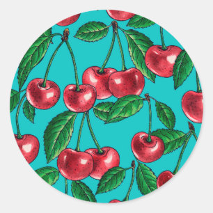 Red cherries on turquoise classic round sticker